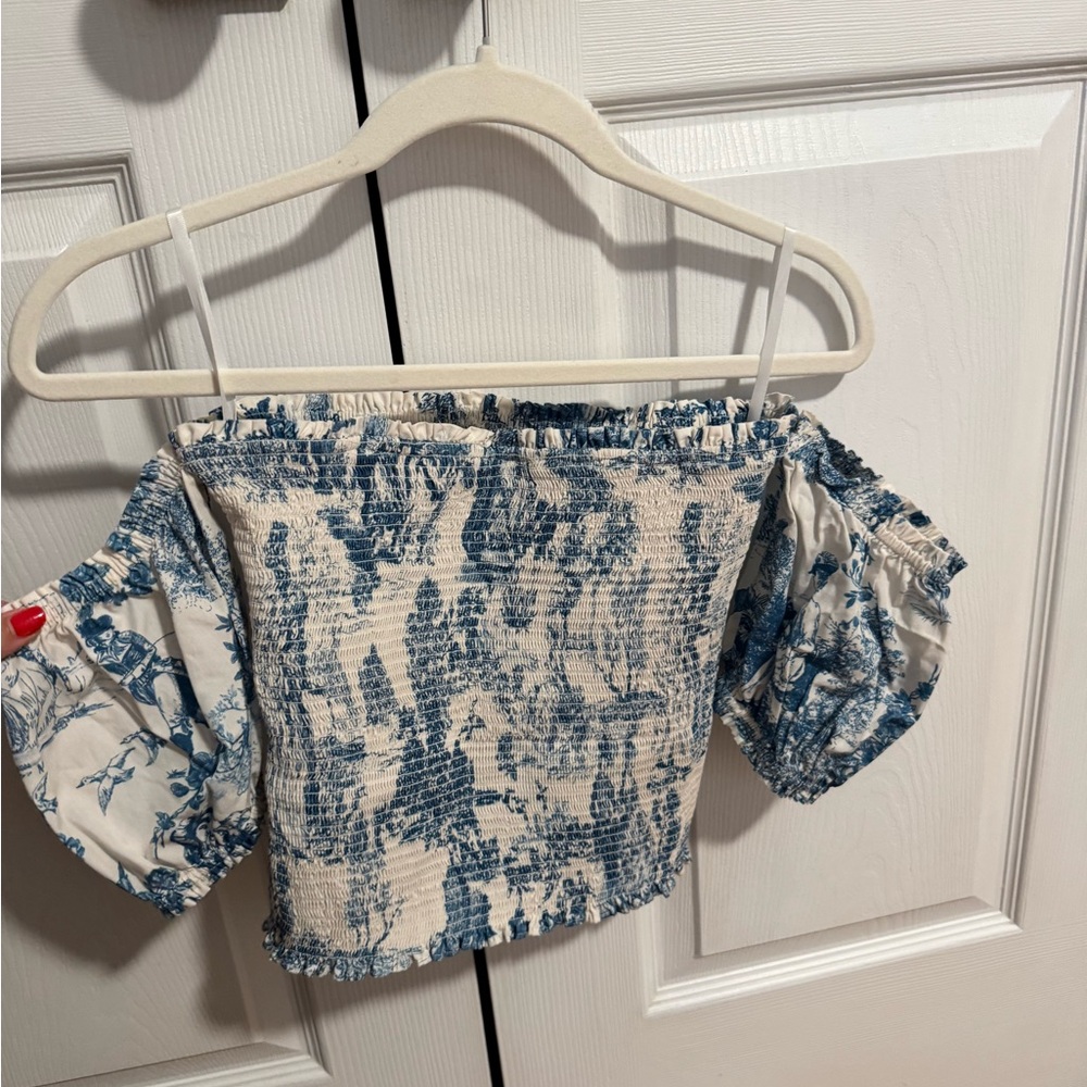 Gianni Bini Blue and White Off-Shoulder Crop Top